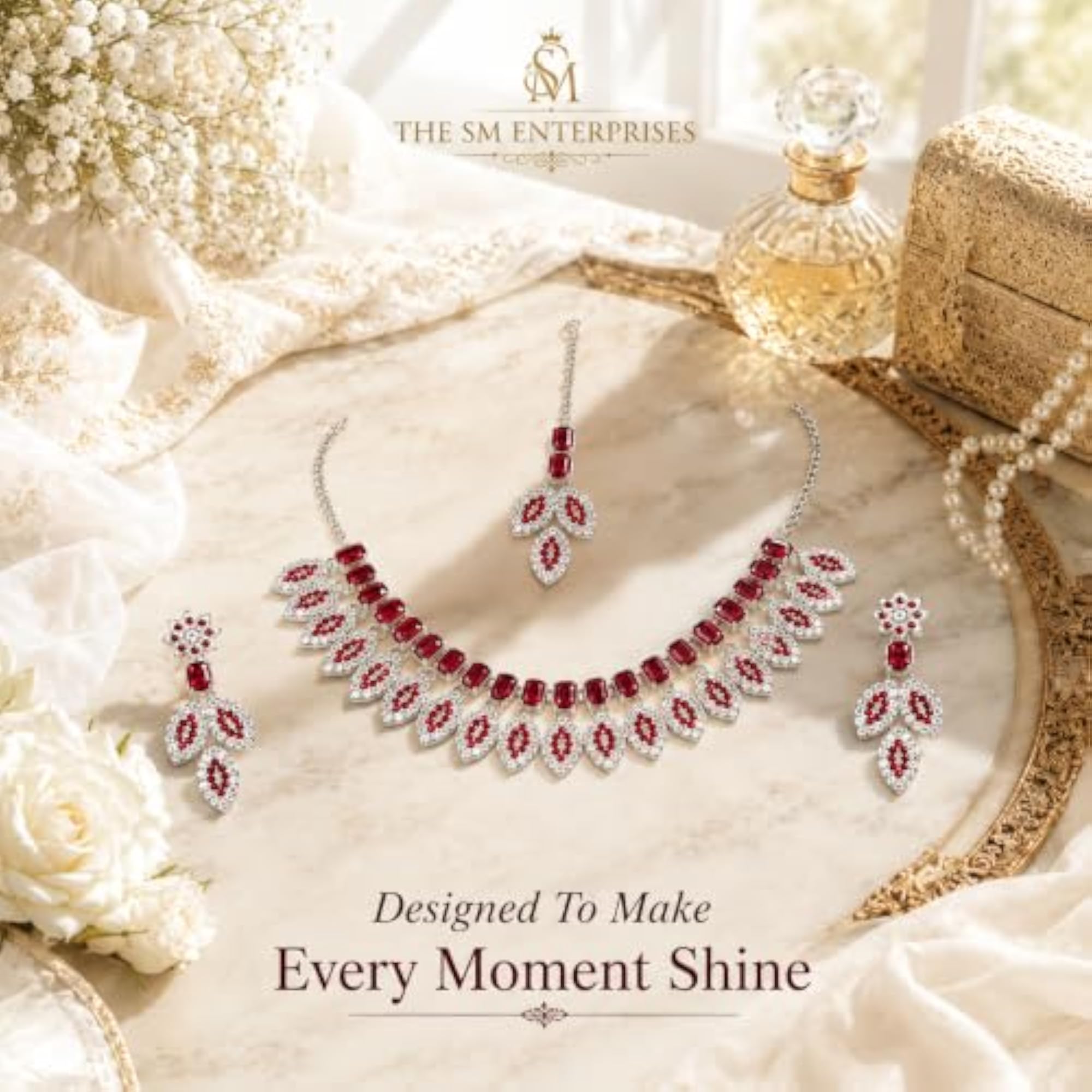 Women's Crystal Stone Traditional Necklace Set with Earrings and Maang Tikka